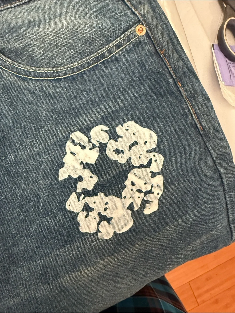 Women’s Blue Denim Jeans with White Floral Print